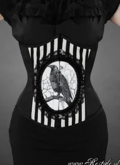 Restyle Black and white stripes cameo corset with crow "FANTASY RAVEN"