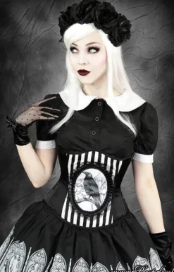 Restyle Black and white stripes cameo corset with crow 