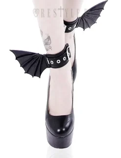 Restyle Black gothic bracelets with bat wings, pair of cuffs, gothic shoes accesory