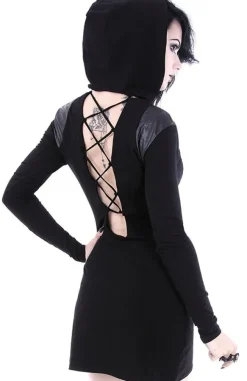 Restyle Black gothic dress with lacing and hood 