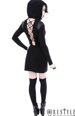 Restyle Black gothic dress with lacing and hood 