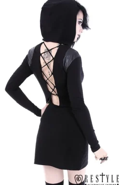 Restyle Black gothic dress with lacing and hood 