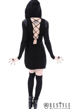 Restyle Black gothic dress with lacing and hood 