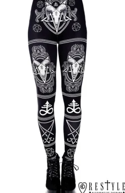 Restyle Black gothic leggings with Ram skull and pentagram "SATANIC LEGGINGS"