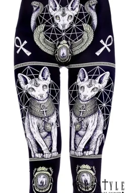 Restyle Black gothic leggings with sphynx cat, Bastet, occult trousers "SPHYNX LEGGINGS"