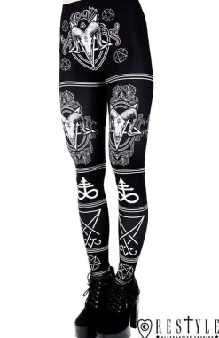 Restyle Black gothic leggings with Ram skull and pentagram 