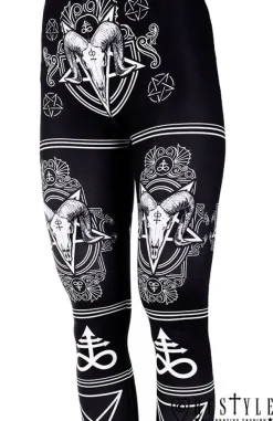 Restyle Black gothic leggings with Ram skull and pentagram 