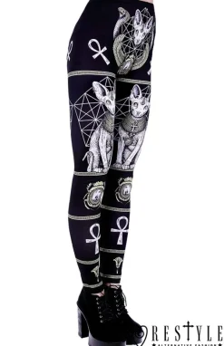 Restyle Black gothic leggings with sphynx cat, Bastet, occult trousers 