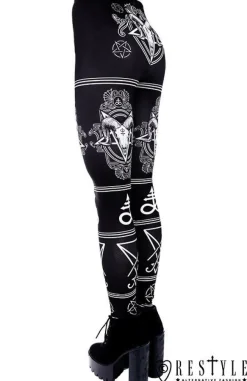 Restyle Black gothic leggings with Ram skull and pentagram 