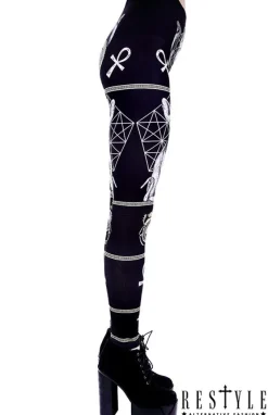 Restyle Black gothic leggings with sphynx cat, Bastet, occult trousers 
