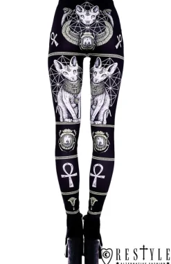 Restyle Black gothic leggings with sphynx cat, Bastet, occult trousers 