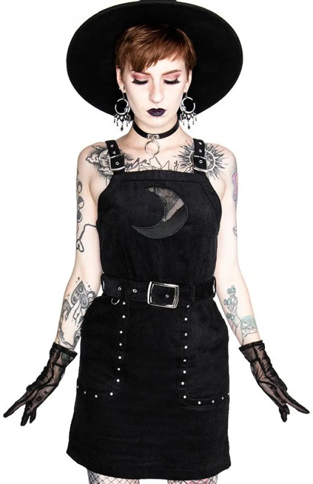 Restyle Black gothic mesh moon suspender CORDUROY CRESCENT DRESS