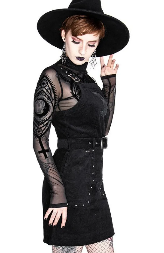 Restyle Black gothic mesh moon suspender CORDUROY CRESCENT DRESS