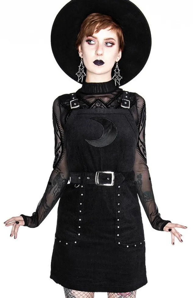 Restyle Black gothic mesh moon suspender CORDUROY CRESCENT DRESS
