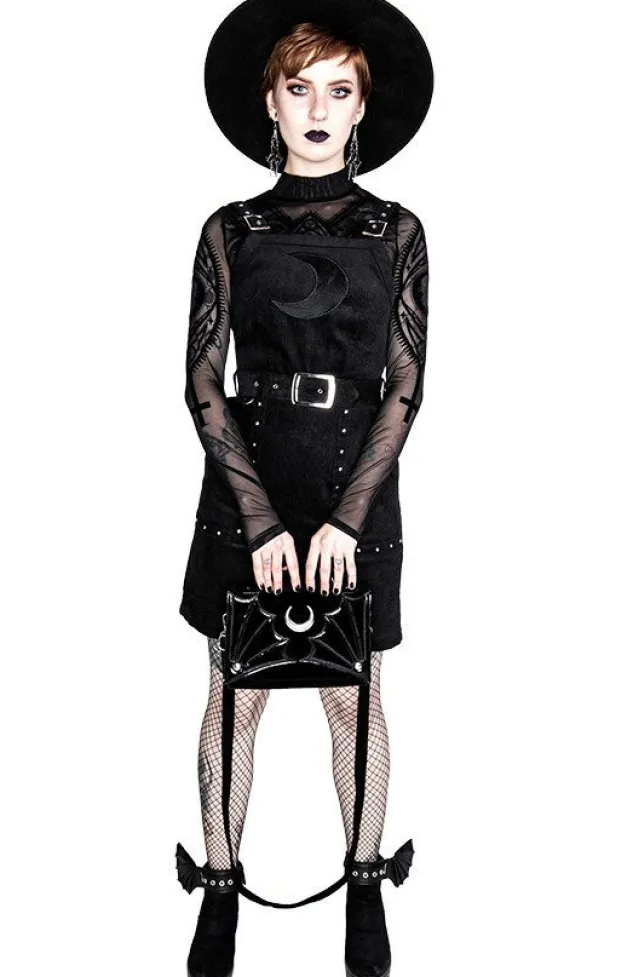 Restyle Black gothic mesh moon suspender CORDUROY CRESCENT DRESS