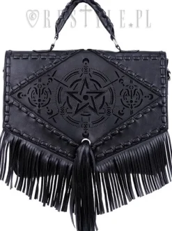 Restyle Black gothic satchel with fringe, laser cut pentagram, alchemical symbols "Boho Witch Bag"