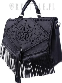 Restyle Black gothic satchel with fringe, laser cut pentagram, alchemical symbols "Boho Witch Bag"
