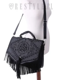 Restyle Black gothic satchel with fringe, laser cut pentagram, alchemical symbols 