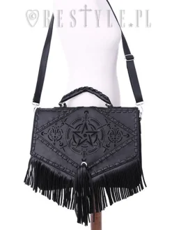 Restyle Black gothic satchel with fringe, laser cut pentagram, alchemical symbols 