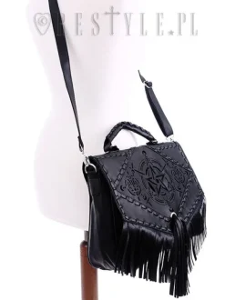 Restyle Black gothic satchel with fringe, laser cut pentagram, alchemical symbols 
