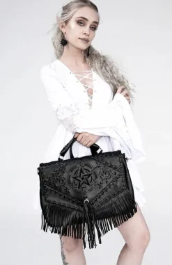 Restyle Black gothic satchel with fringe, laser cut pentagram, alchemical symbols 