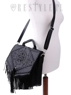 Restyle Black gothic satchel with fringe, laser cut pentagram, alchemical symbols 