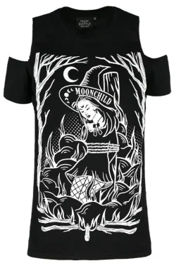 Restyle Black gothic T-shirt BURN THE WITCH COLD SHOULDER