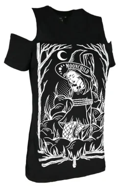 Restyle Black gothic T-shirt BURN THE WITCH COLD SHOULDER