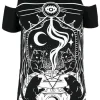 Restyle Black gothic T-shirt CAT SABBATH COLD SHOULDER