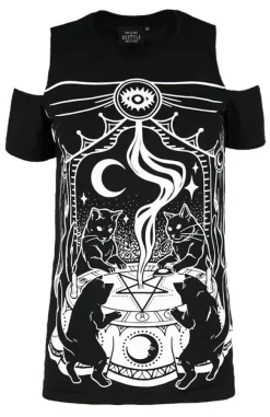 Restyle Black gothic T-shirt CAT SABBATH COLD SHOULDER