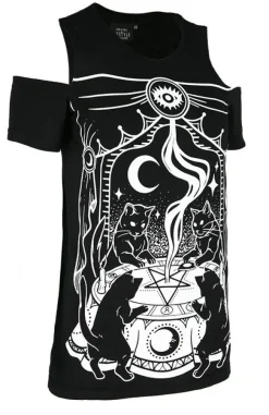 Restyle Black gothic T-shirt CAT SABBATH COLD SHOULDER