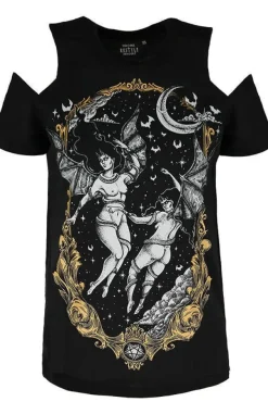 Restyle Black gothic T-shirt succubus LAS FURIAS COLD SHOULDER