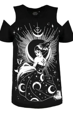 Restyle Black gothic T-shirt with witch NOX COLD SHOULDER