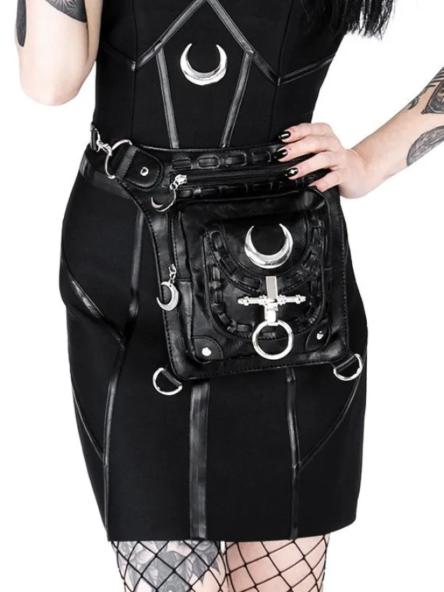 Restyle Black hip bag with pockets, pocket belt, moon bag, gothic utility belt"LUNAR HOLSTER BAG"