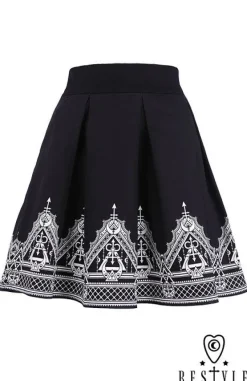 Restyle Black pleated short skirt with henna print, moon, symbols "HENNA SKIRT"