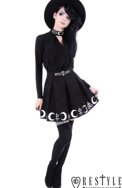 Restyle Black pleated short skirt with alchemy print, moon, symbols 