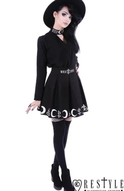 Restyle Black pleated short skirt with alchemy print, moon, symbols 