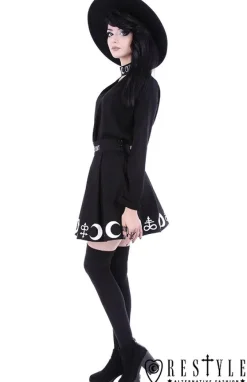 Restyle Black pleated short skirt with alchemy print, moon, symbols 