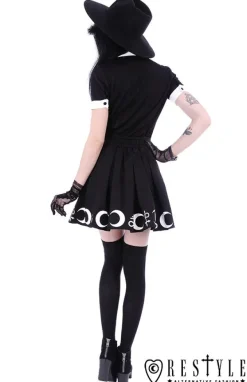 Restyle Black pleated short skirt with alchemy print, moon, symbols 