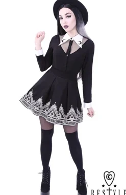 Restyle Black pleated short skirt with henna print, moon, symbols 