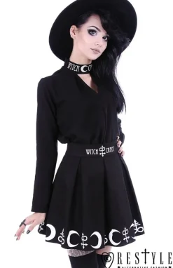 Restyle Black pleated short skirt with alchemy print, moon, symbols 