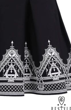 Restyle Black pleated short skirt with henna print, moon, symbols 