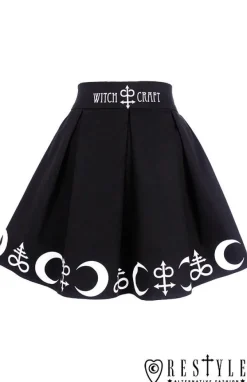 Restyle Black pleated short skirt with alchemy print, moon, symbols 