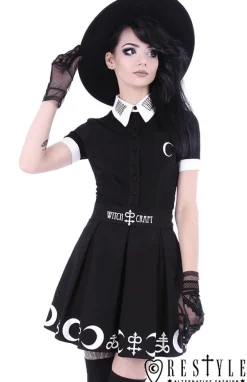 Restyle Black pleated short skirt with alchemy print, moon, symbols 