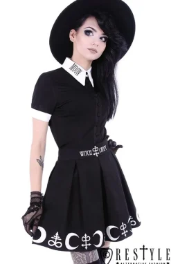 Restyle Black pleated short skirt with alchemy print, moon, symbols 