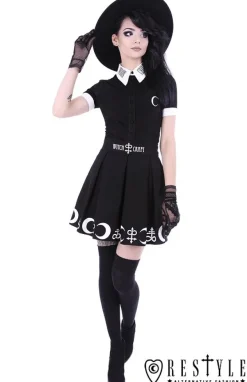 Restyle Black pleated short skirt with alchemy print, moon, symbols 