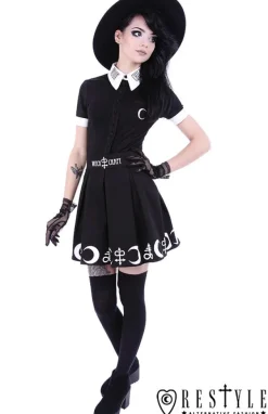 Restyle Black pleated short skirt with alchemy print, moon, symbols 