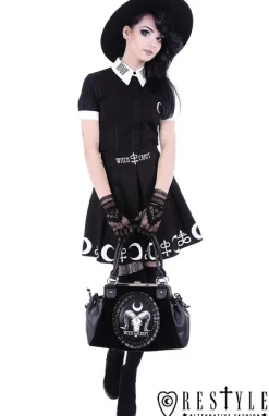 Restyle Black pleated short skirt with alchemy print, moon, symbols 
