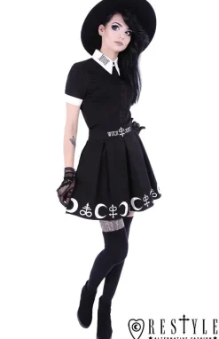 Restyle Black pleated short skirt with alchemy print, moon, symbols 