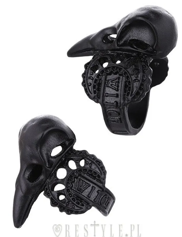 Restyle Black ring, bird skull, raven, crescent, occult jewellery "WITCH CROW BLACK"